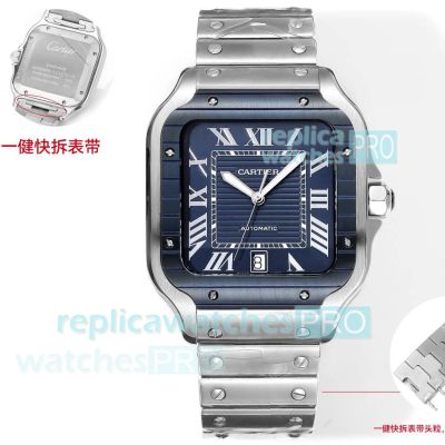 Swiss Replica THB Cartier Blue Dial Santos De Cartier Stainless Steel Watch 